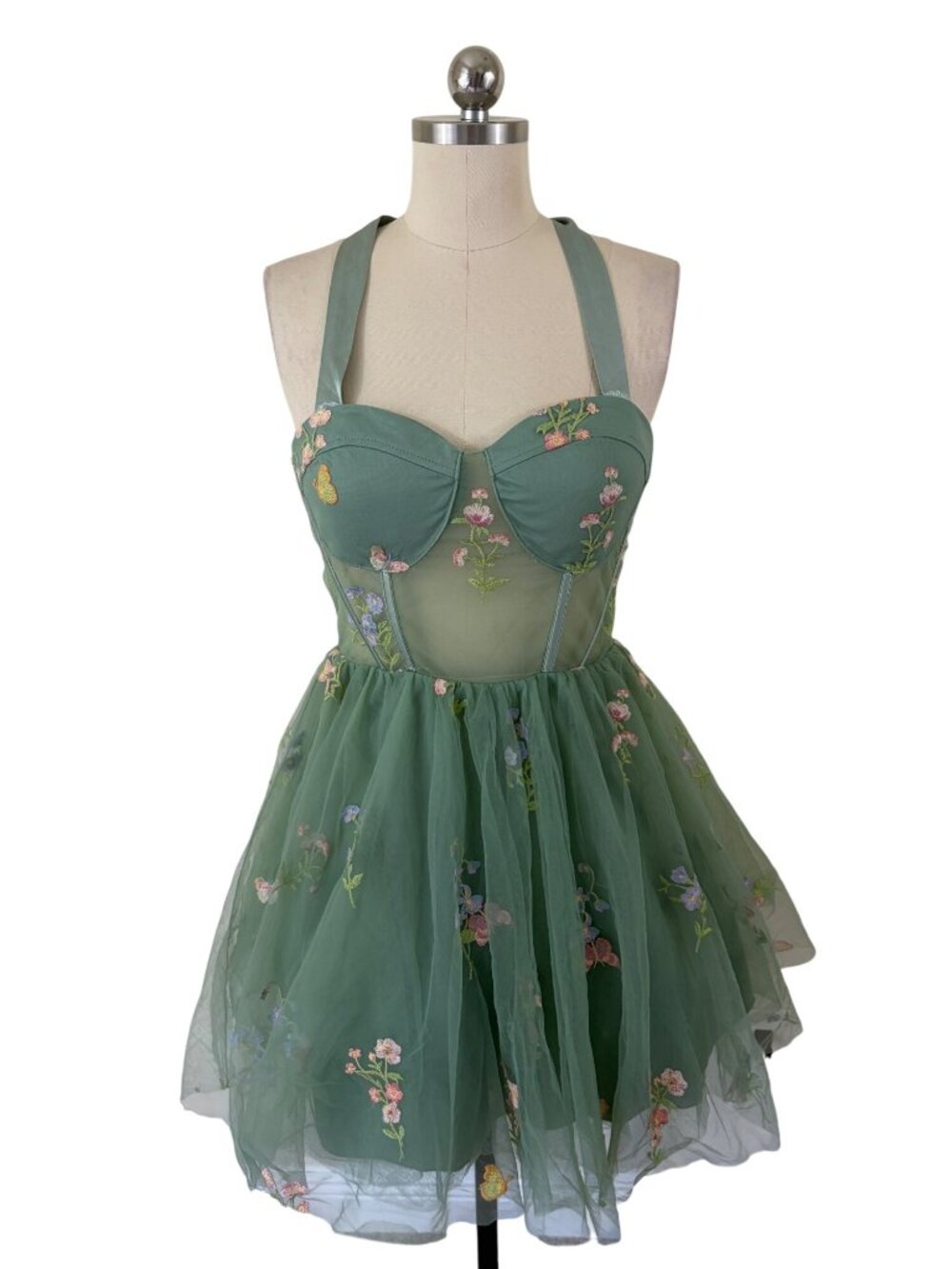 City Studio FairyCore Tea Garden Party Tulle Mini Dress JR 7/8 Green Floral
